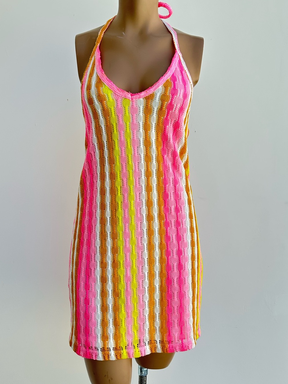 wild fable Neon Pink, Yellow & White Striped Halter Knit Dress